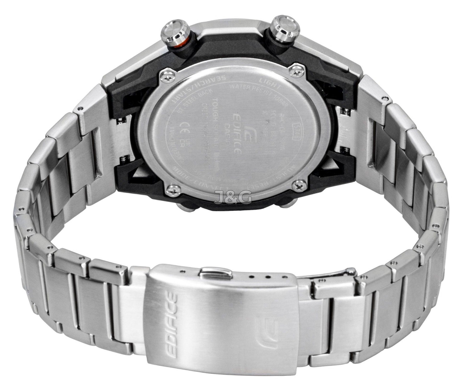 Casio Edifice Analog Digital Smartphone Link Stainless. A brand-new Casio Edifice watch featuring a Black dial and a Stainless steel strap. Angled view. - SEQ_4