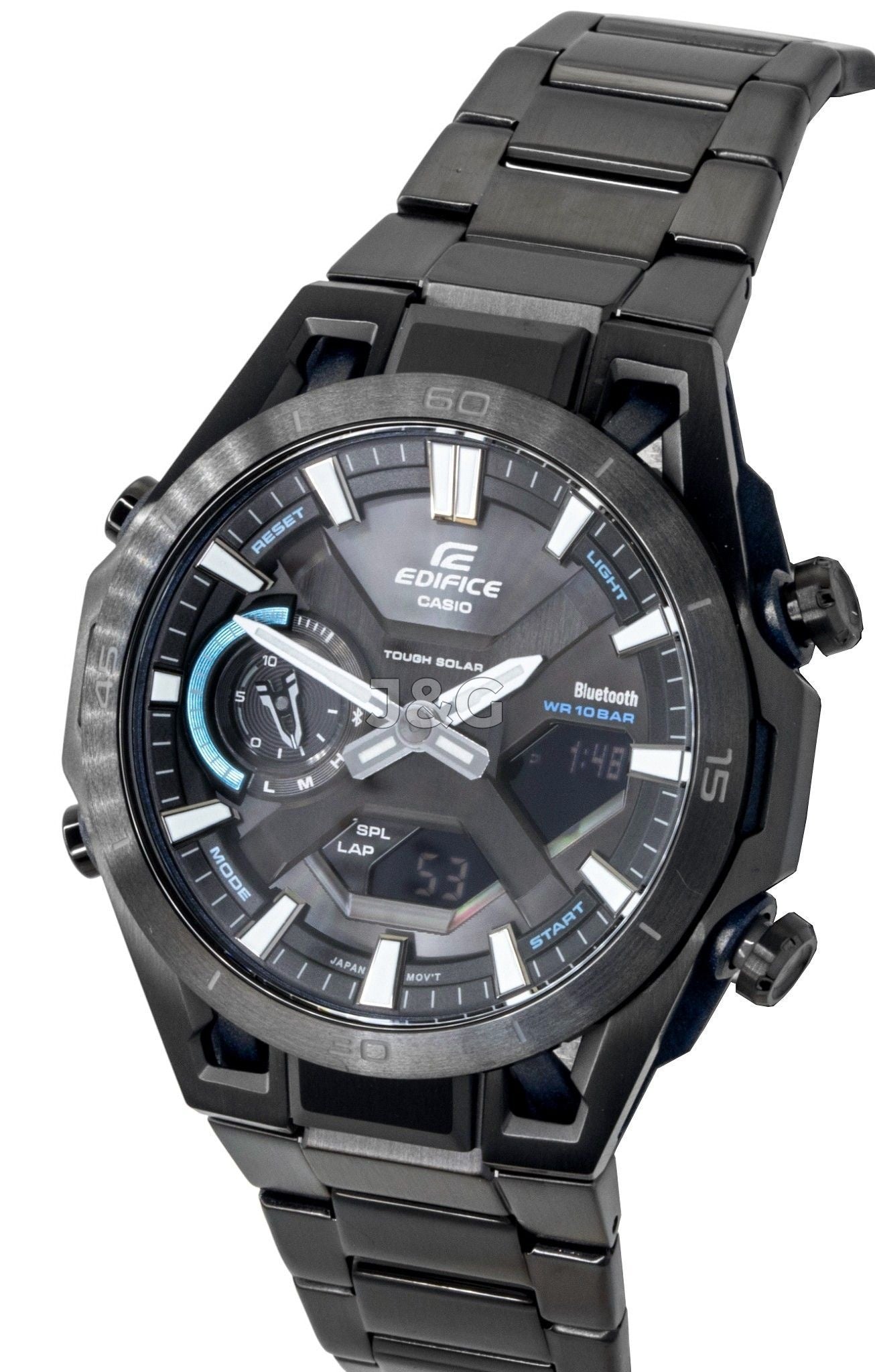 Casio Edifice Analog Digital Stainless Steel Black Dial. A brand-new Casio Edifice watch featuring a N/A dial and a Stainless steel strap. Front view. - SEQ_3