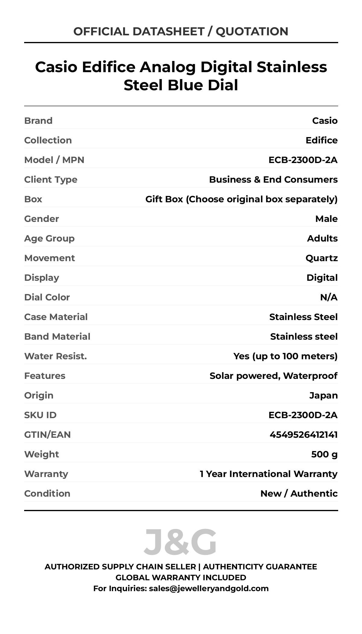 Casio Edifice Analog Digital Stainless Steel Blue Dial. A brand-new Casio Edifice watch featuring a N/A dial and a Stainless steel strap. Front view. - DS_FINAL