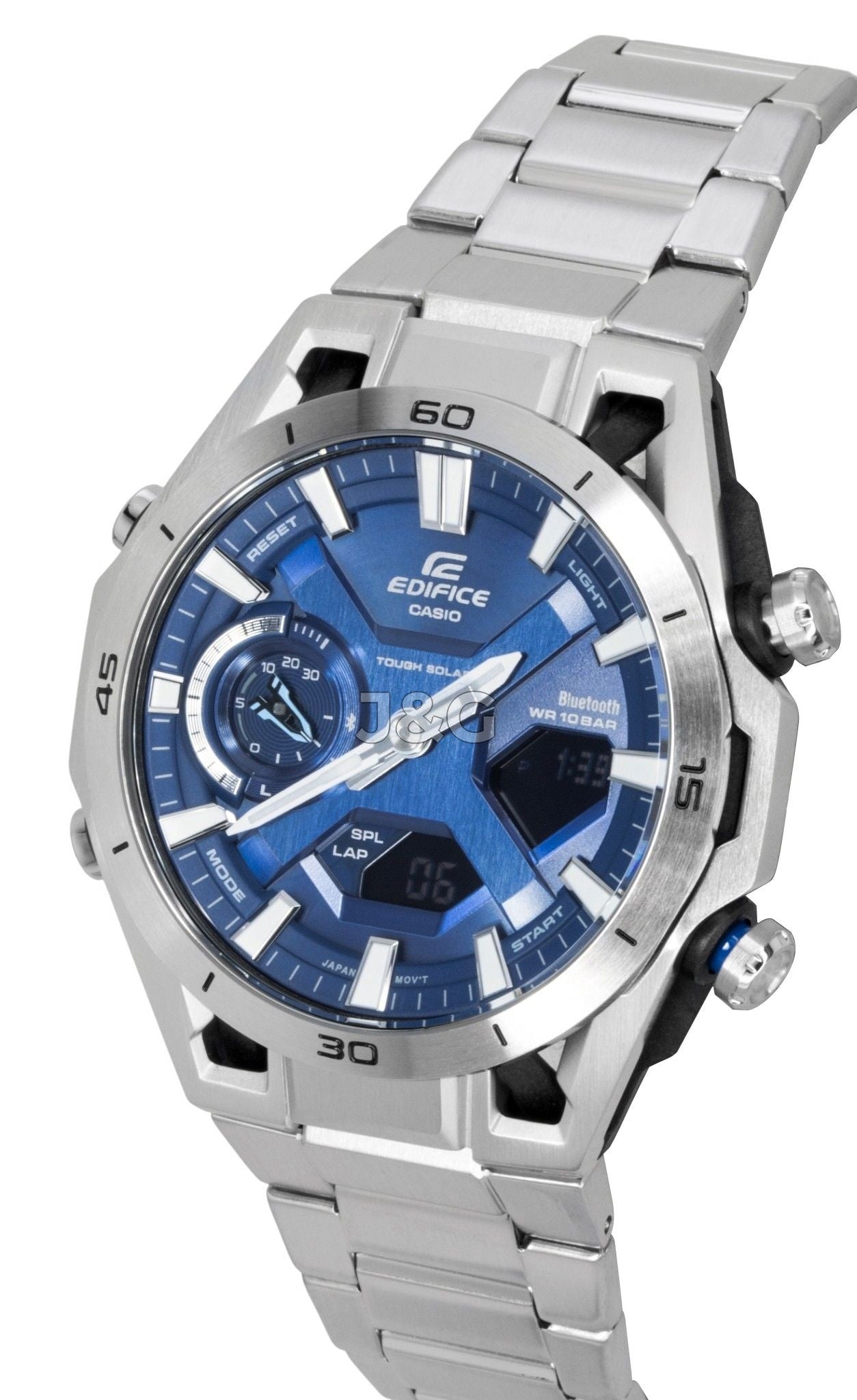 Casio Edifice Analog Digital Stainless Steel Blue Dial. A brand-new Casio Edifice watch featuring a Blue dial and a Stainless steel strap. Side view. - SEQ_3