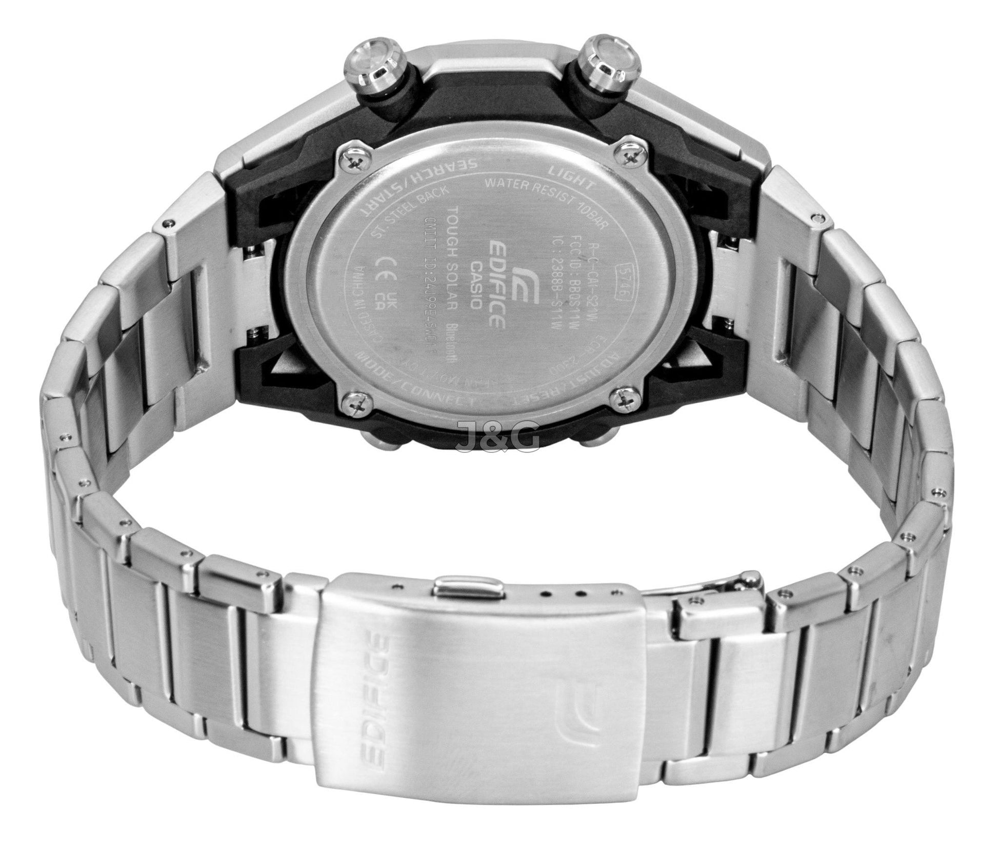 Casio Edifice Analog Digital Stainless Steel Blue Dial. A brand-new Casio Edifice watch featuring a Blue dial and a Stainless steel strap. Side view. - SEQ_4