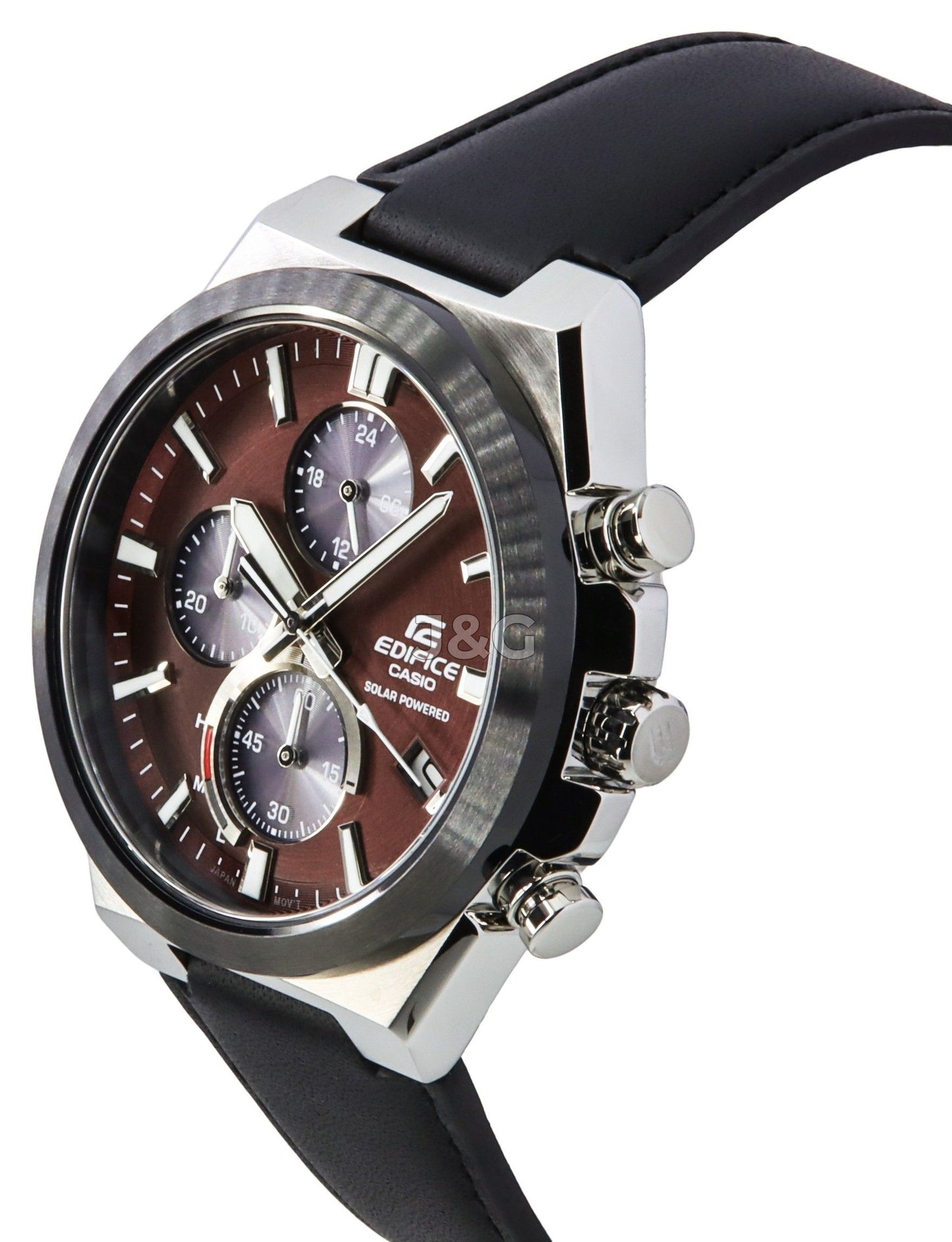 Casio Edifice Chronograph function Burgundy Leather Male EQS-950BL-5A. A brand-new Casio Edifice watch featuring a Burgundy dial and a Leather strap. Side view. - view 3