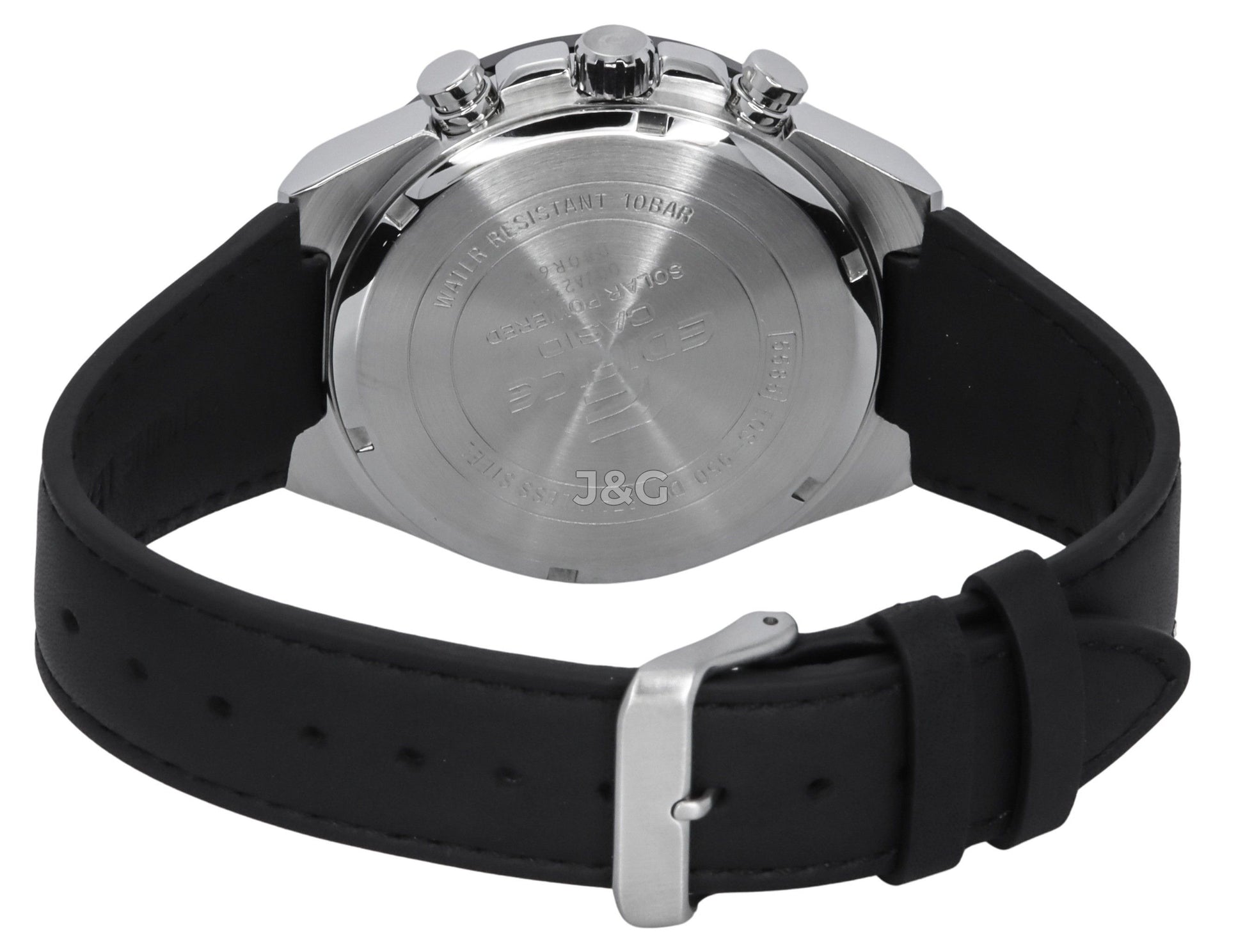 Casio Edifice Chronograph function Burgundy Leather Male EQS-950BL-5A. A brand-new Casio Edifice watch featuring a Burgundy dial and a Leather strap. Side view. - view 4