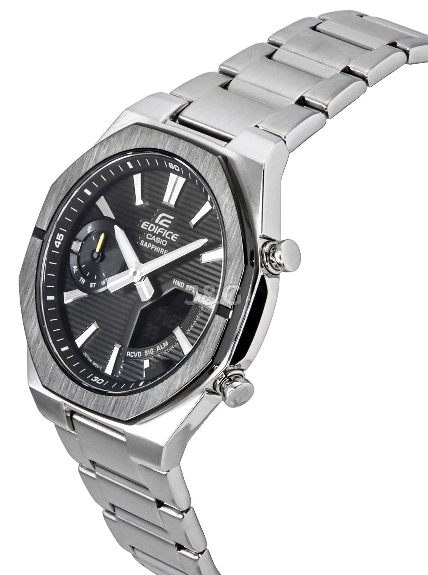 Casio Edifice Date display Black Stainless steel Male ECB-S10DB-1A. A brand-new Casio Edifice watch featuring a Black dial and a Stainless steel strap. Side view. - view 4