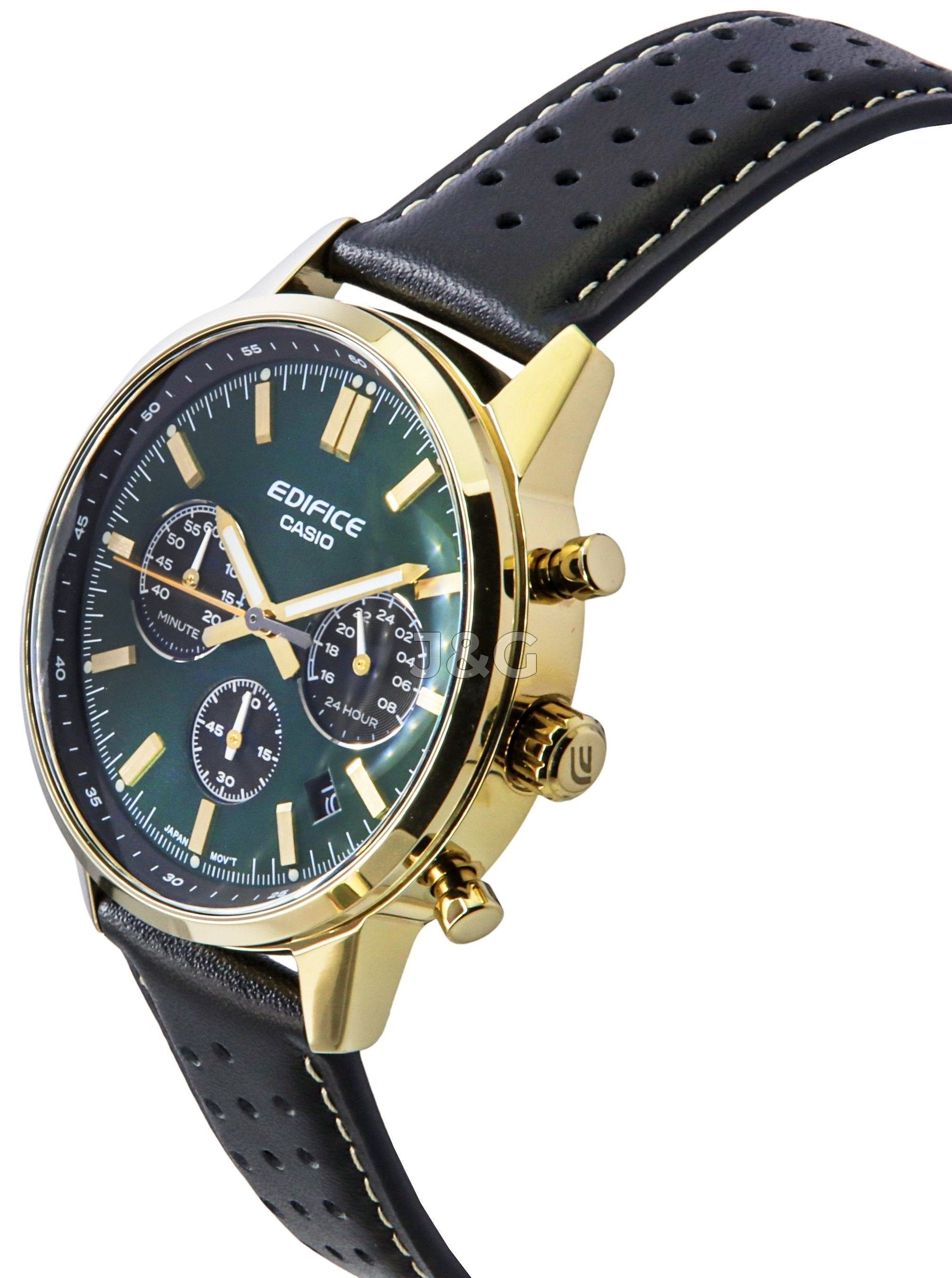 Casio Edifice Date display Green Leather Male EFR-575CL-3A. A brand-new Casio Edifice watch featuring a Green dial and a Leather strap. Angled view. - view 3