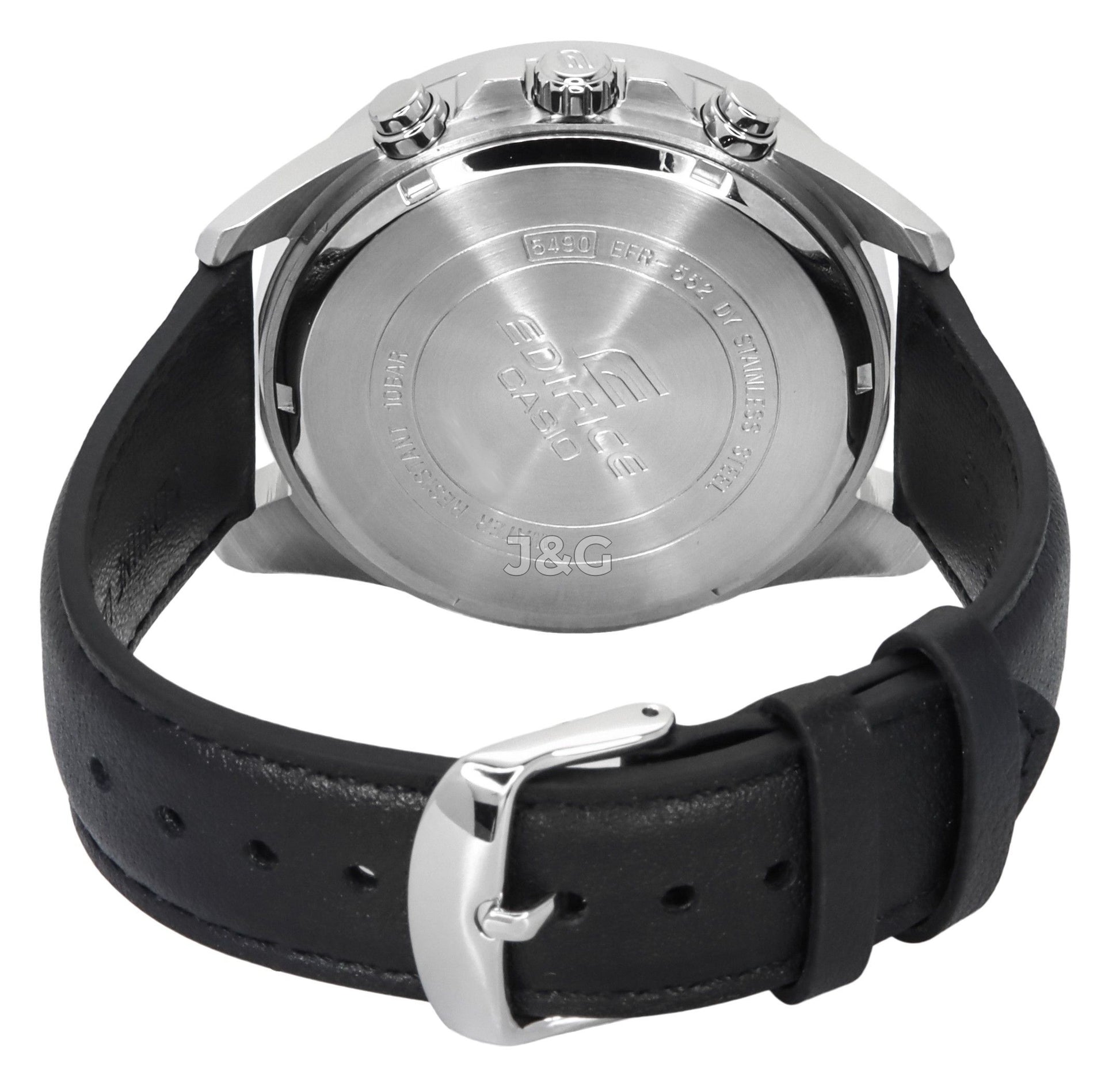 Casio Edifice Quartz movement Black Leather Male EFR-552L-5A. A brand-new Casio Edifice watch featuring a Black dial and a Leather strap. Side view. - view 4