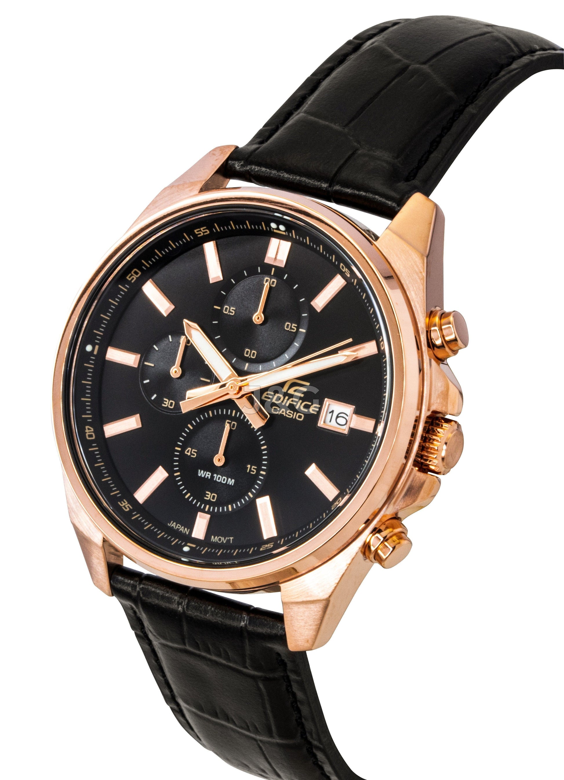 Casio Edifice Quartz movement Black Leather Male EFV-610ECL-1A. A brand-new Casio Edifice watch featuring a Black dial and a Leather strap. Angled view. - view 3