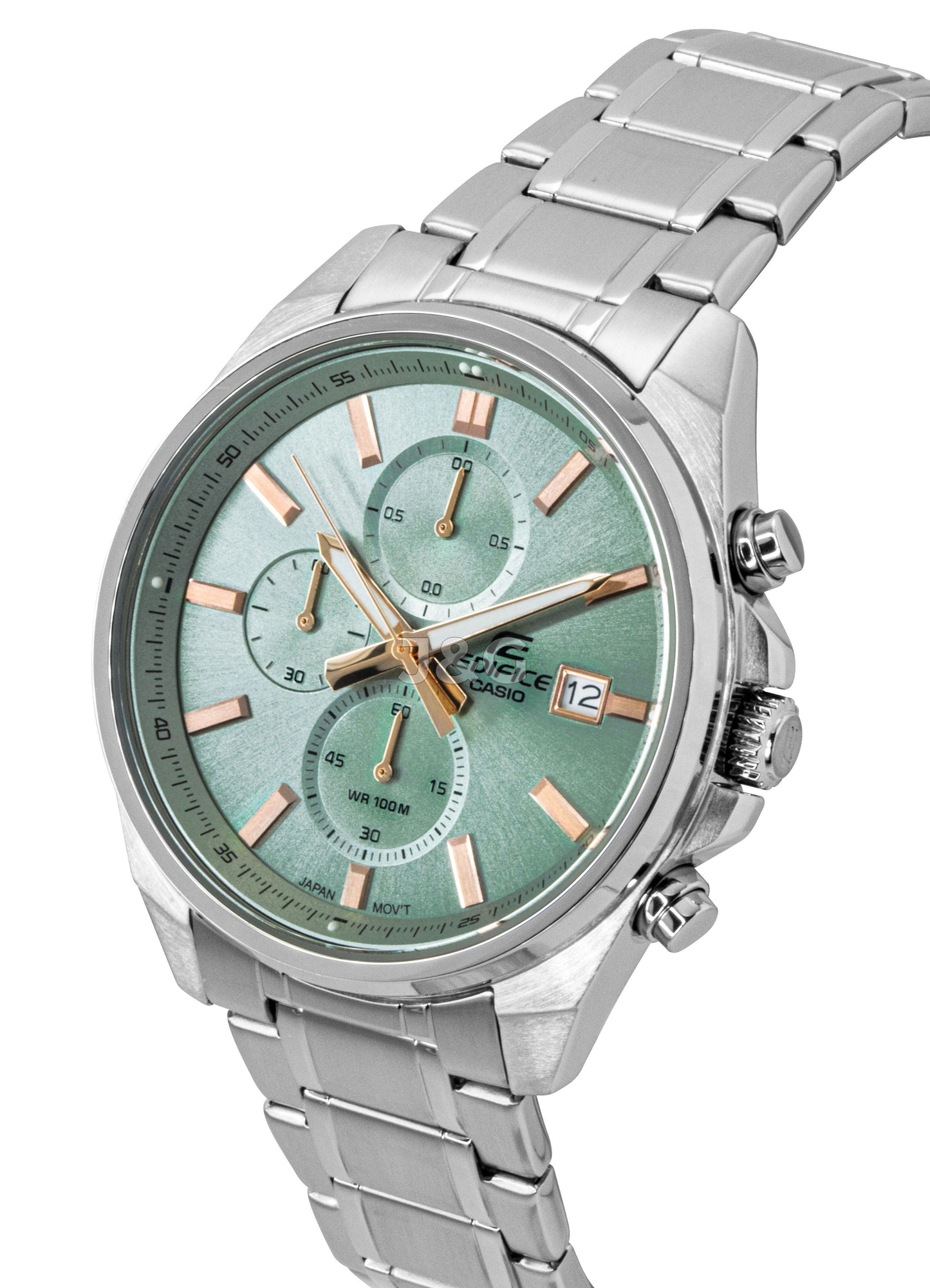 Casio Edifice Quartz movement Green Leather Male EFV-610DE-3A. A brand-new Casio Edifice watch featuring a Green dial and a Leather strap. Side view. - view 3