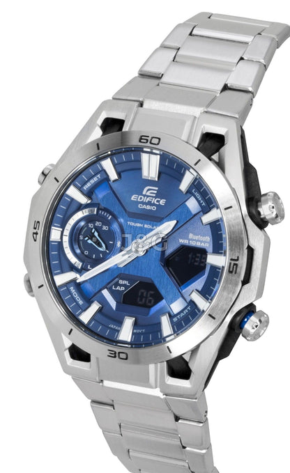 Casio Edifice Solar powered Blue Stainless steel Male ECB-2300D-2A. A brand-new Casio Edifice watch featuring a Blue dial and a Stainless steel strap. Angled view. - view 3