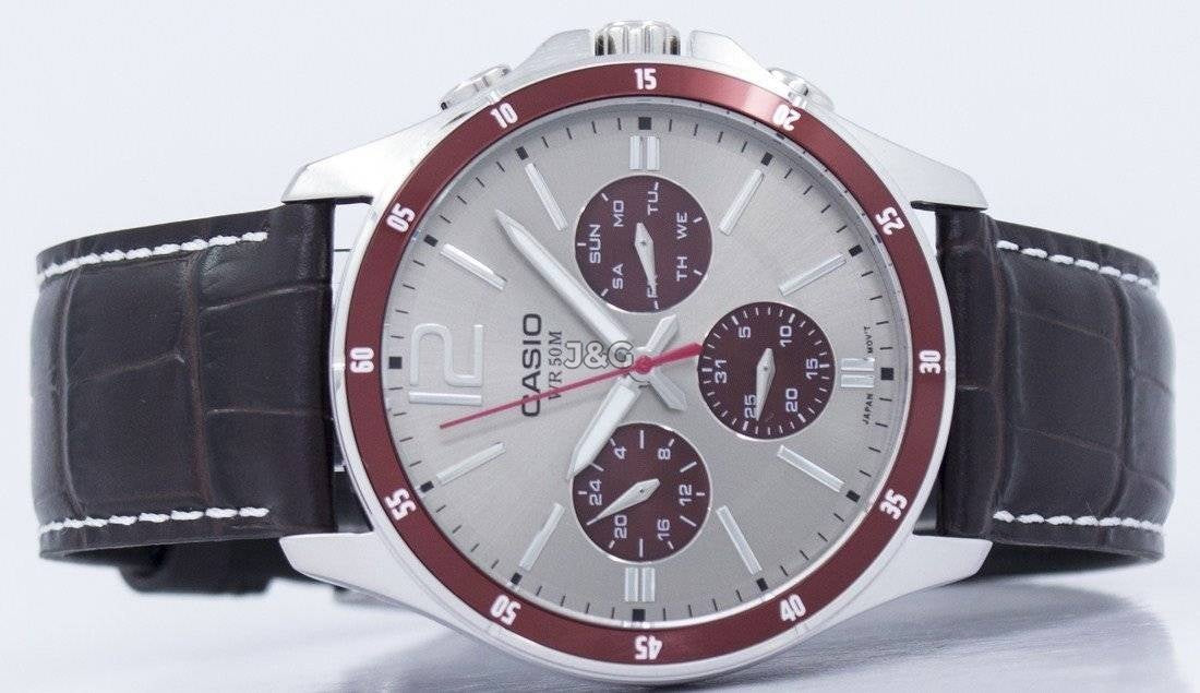 Casio Enticer Date display White Leather Male MTP-1374L-7A1VDF. A brand-new Casio Enticer watch featuring a White dial and a Leather strap. Front view. - view 5