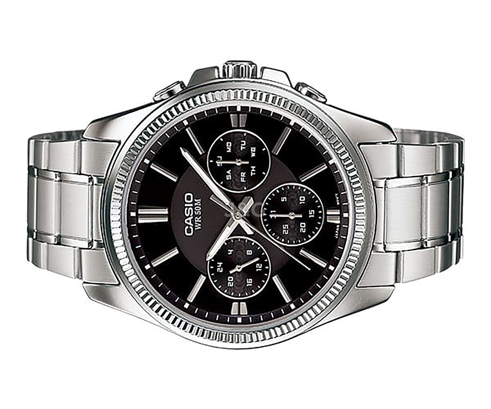 Casio Enticer Quartz movement Black Stainless steel Male MTP-1375D-1AV. A brand-new Casio Enticer watch featuring a Black dial and a Stainless steel strap. Side view. - view 3