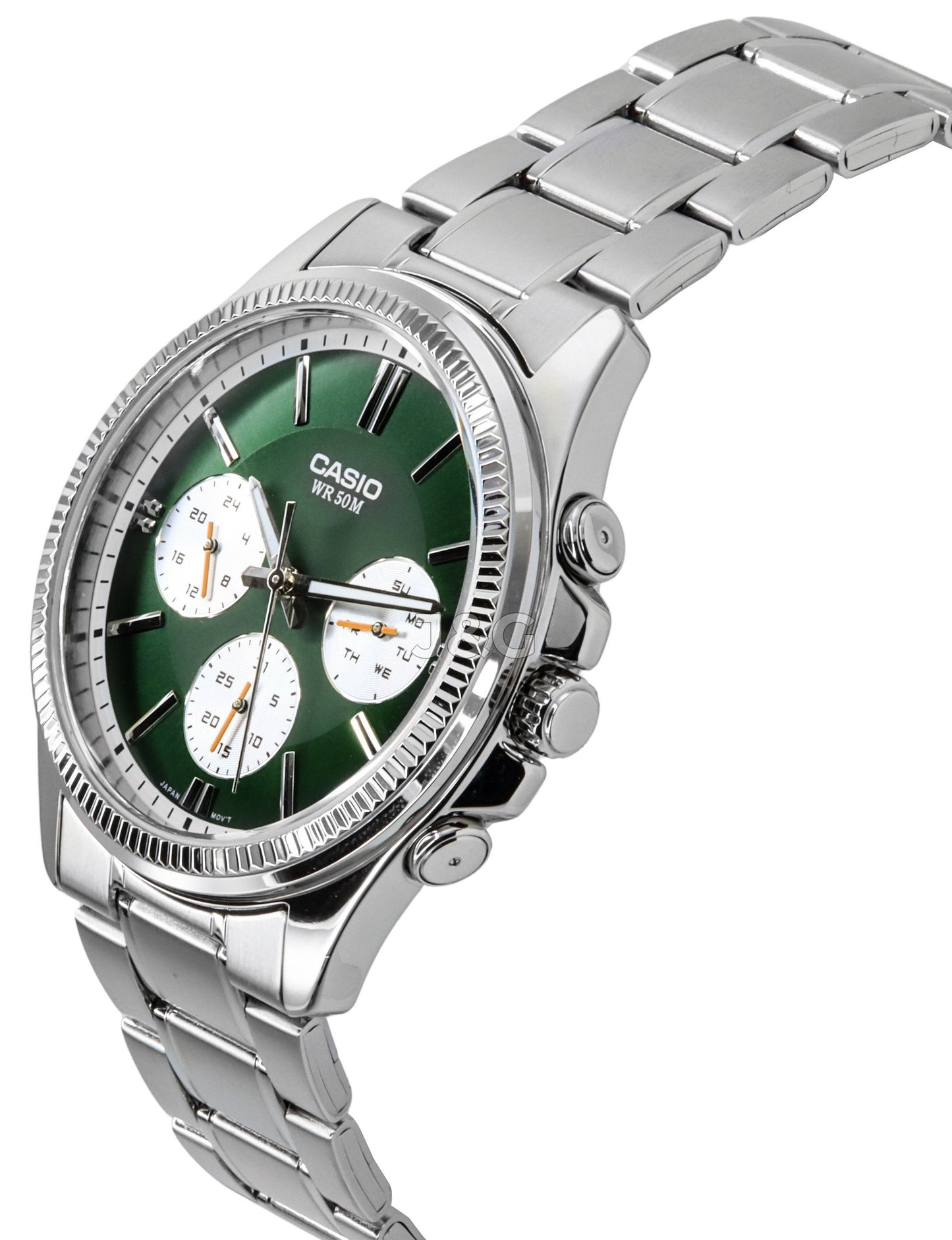 Casio Enticer Quartz movement Green Stainless steel Male MTP-1375D-3. A brand-new Casio Enticer watch featuring a Green dial and a Stainless steel strap. Front view. - view 3
