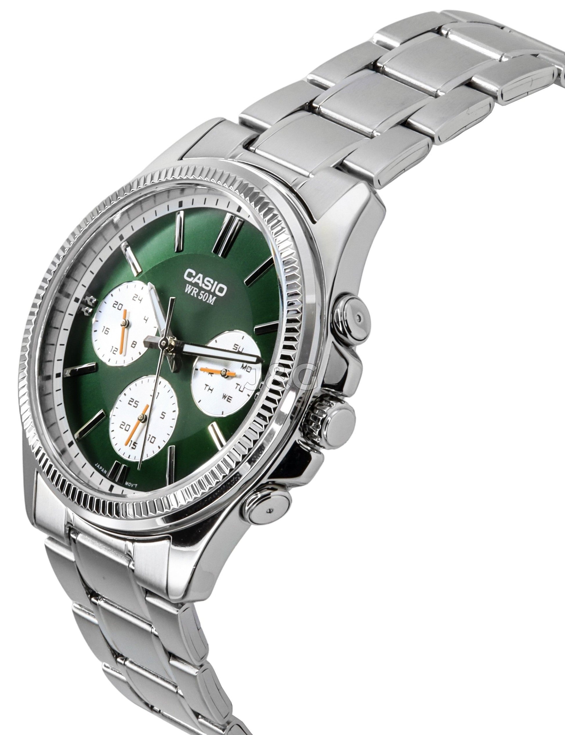 Casio Enticer Quartz movement Green Stainless steel Male MTP-1375D-3. A brand-new Casio Enticer watch featuring a Green dial and a Stainless steel strap. Front view. - view 3