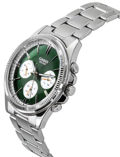 Casio Enticer Quartz movement Green Stainless steel Male MTP-1375D-3. A brand-new Casio Enticer watch featuring a Green dial and a Stainless steel strap. Front view. - view 3