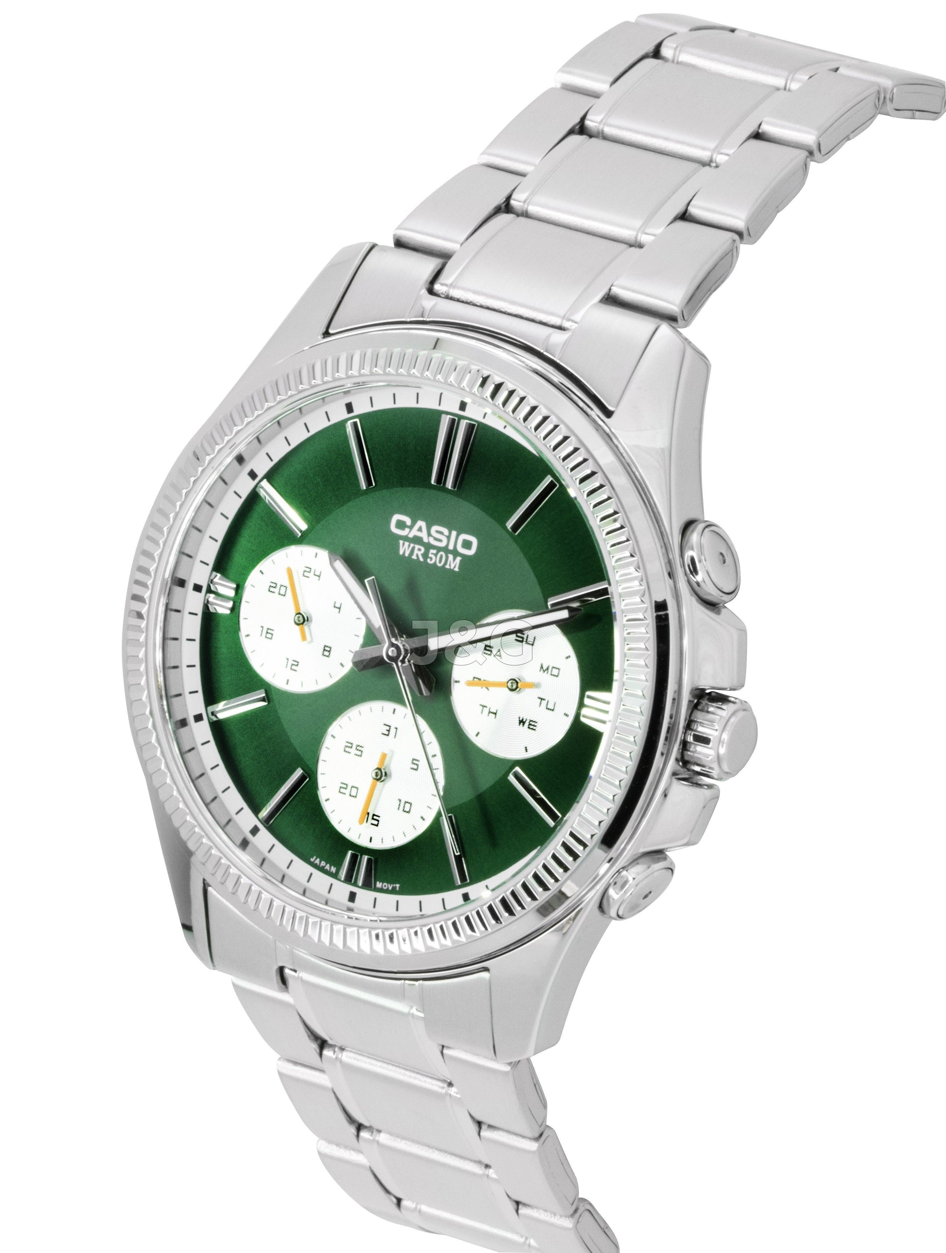 Casio Enticer Quartz movement Green Stainless steel Male MTP-1375D-3. A brand-new Casio Enticer watch featuring a Green dial and a Stainless steel strap. Front view. - view 4