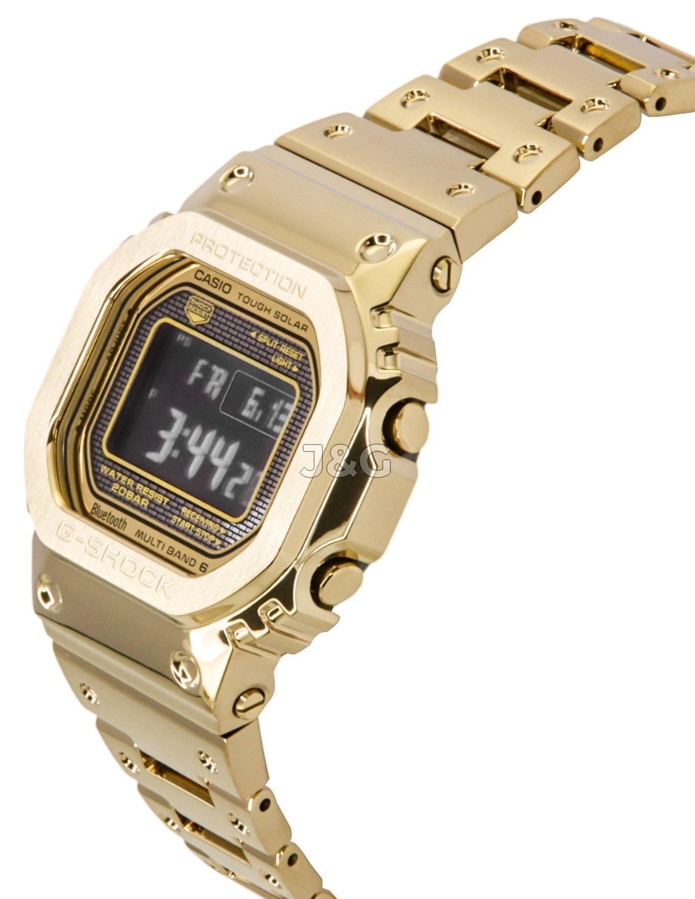 Casio G-Shock Alarm Blue Stainless steel Male GMW-B5000GD-9. A brand-new Casio G-Shock watch featuring a Blue dial and a Stainless steel strap. Side view. - view 3