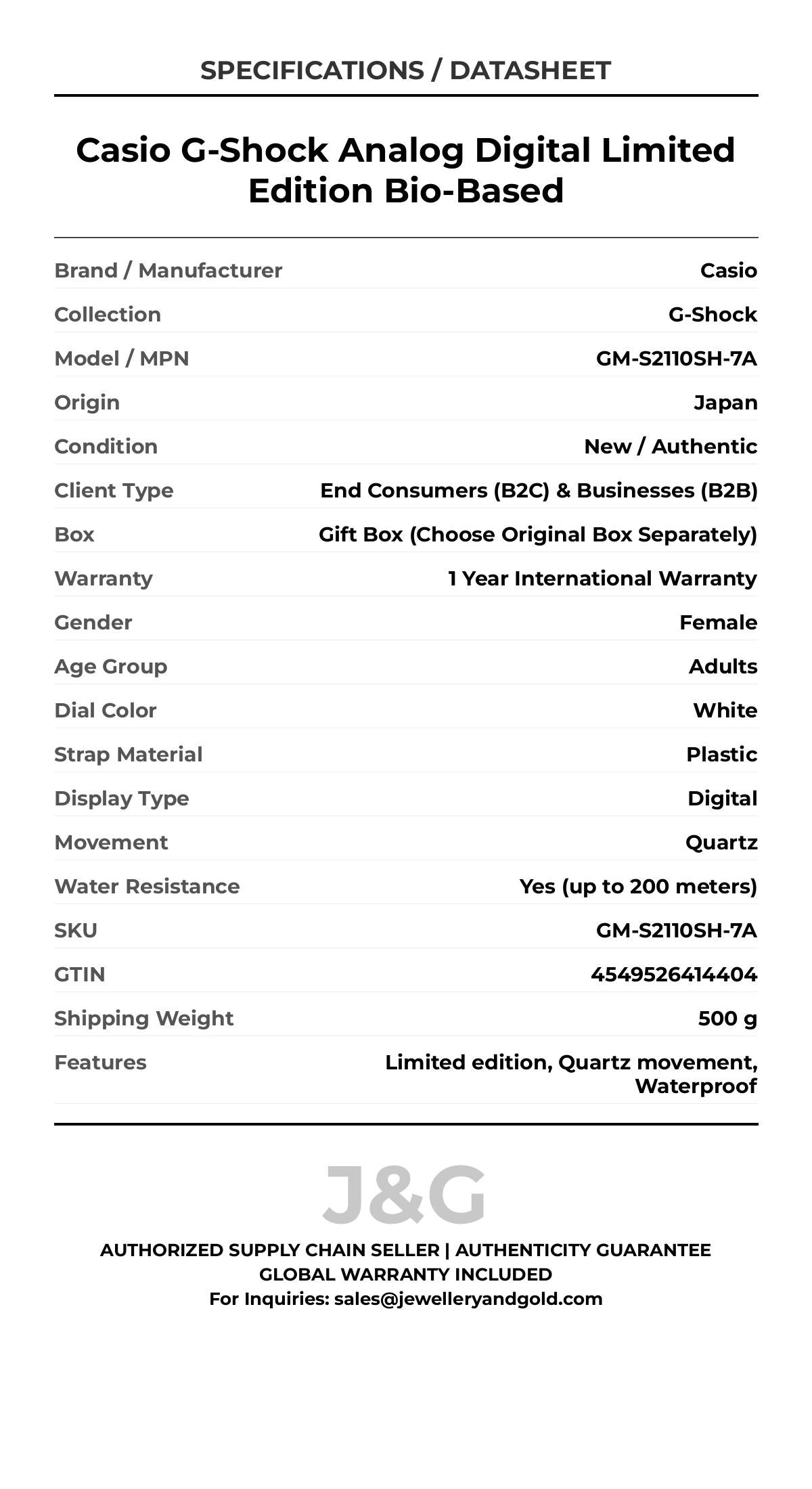 Casio G-Shock Analog Digital Limited Edition Bio-Based. A brand-new Casio G-Shock watch featuring a White dial and a Plastic strap. Front view. - DS_FINAL