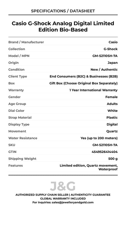 Casio G-Shock Analog Digital Limited Edition Bio-Based. A brand-new Casio G-Shock watch featuring a White dial and a Plastic strap. Front view. - DS_FINAL