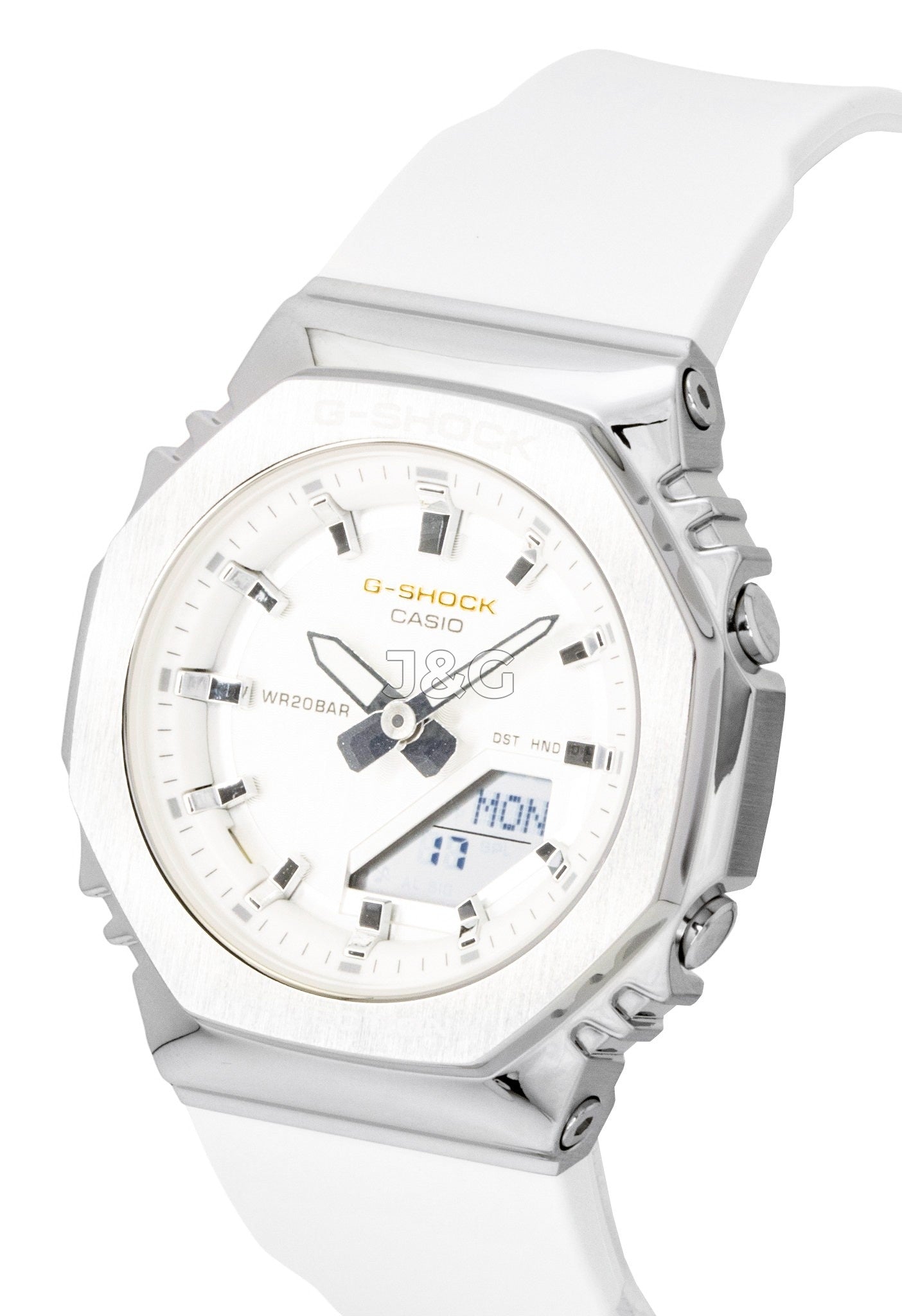 Casio G-Shock Analog Digital Limited Edition Bio-Based. A brand-new Casio G-Shock watch featuring a White dial and a Plastic strap. Angled view. - SEQ_4