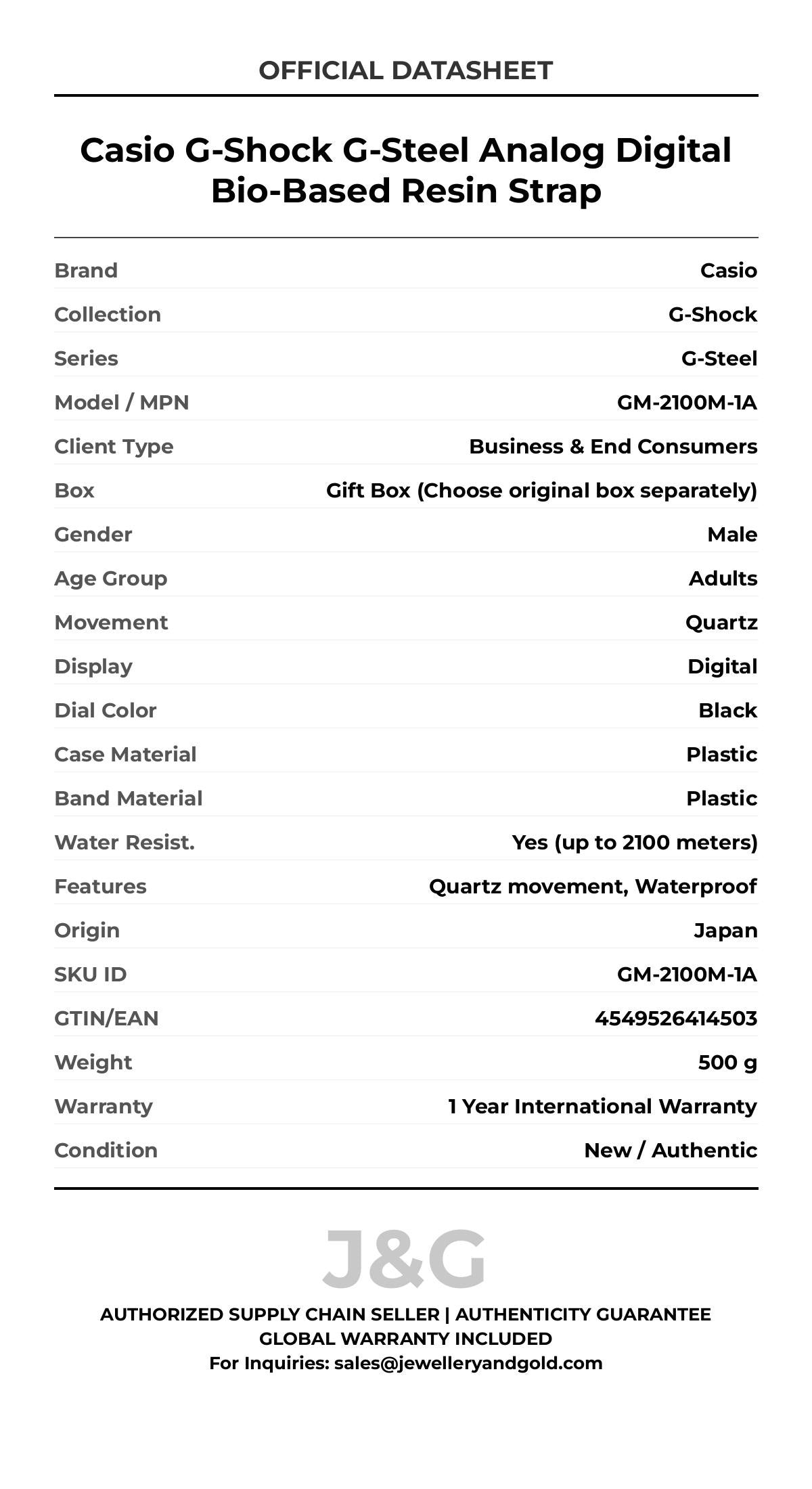 Casio G-Shock G-Steel Analog Digital Bio-Based Resin Strap. A brand-new Casio G-Shock watch featuring a Black dial and a Plastic strap. Front view. - DS_FINAL