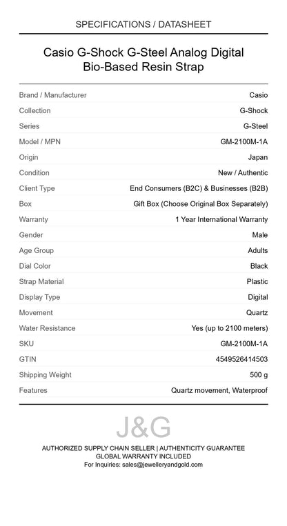 Casio G-Shock G-Steel Analog Digital Bio-Based Resin Strap. A brand-new Casio G-Shock watch featuring a Black dial and a Plastic strap. Angled view. - DS_FINAL