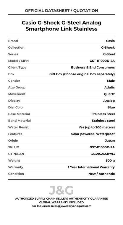 Casio G-Shock G-Steel Analog Smartphone Link Stainless. A brand-new Casio G-Shock watch featuring a Blue dial and a Stainless steel strap. Side view. - DS_FINAL