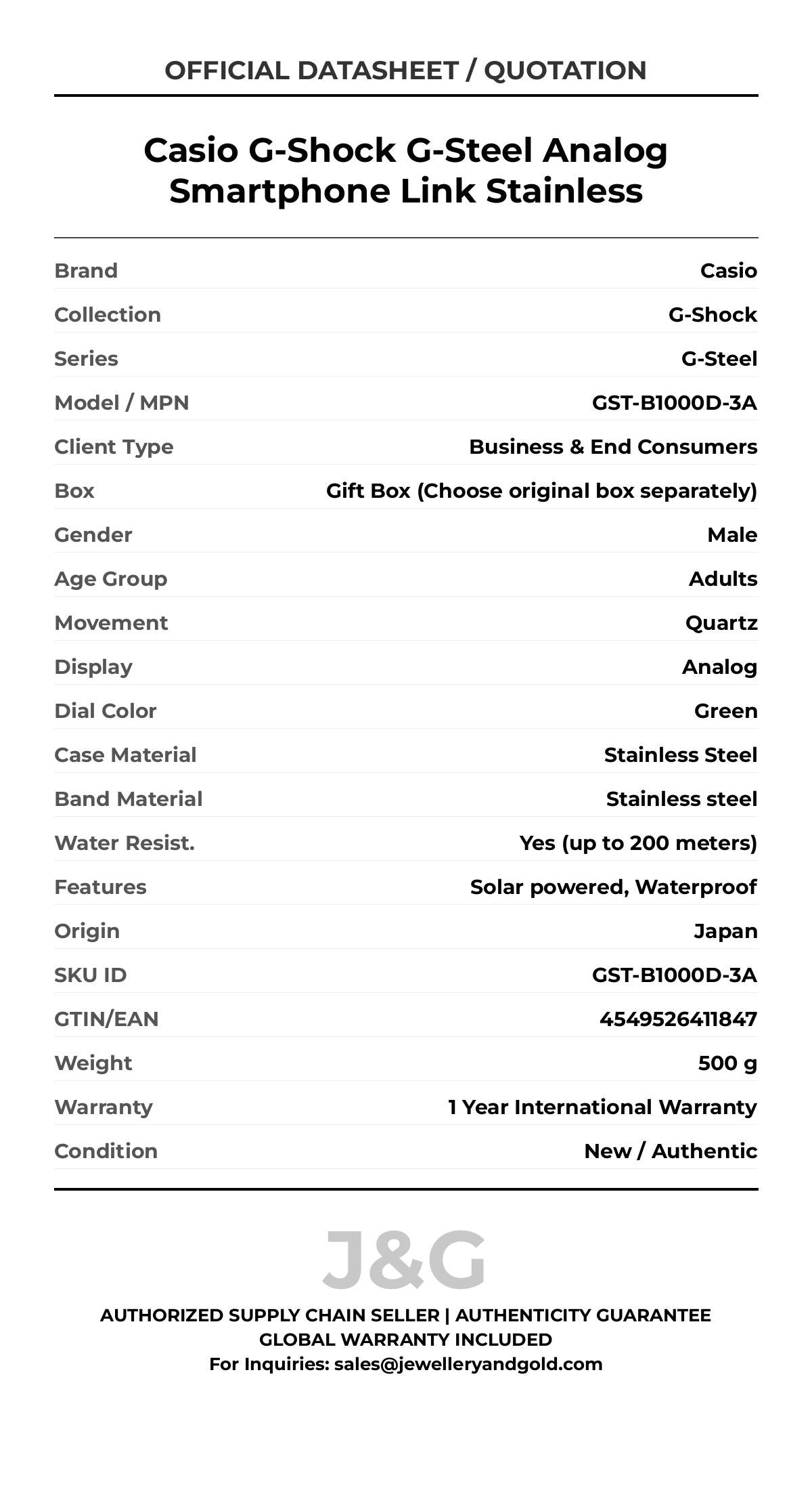 Casio G-Shock G-Steel Analog Smartphone Link Stainless. A brand-new Casio G-Shock watch featuring a Green dial and a Stainless steel strap. Front view. - DS_FINAL