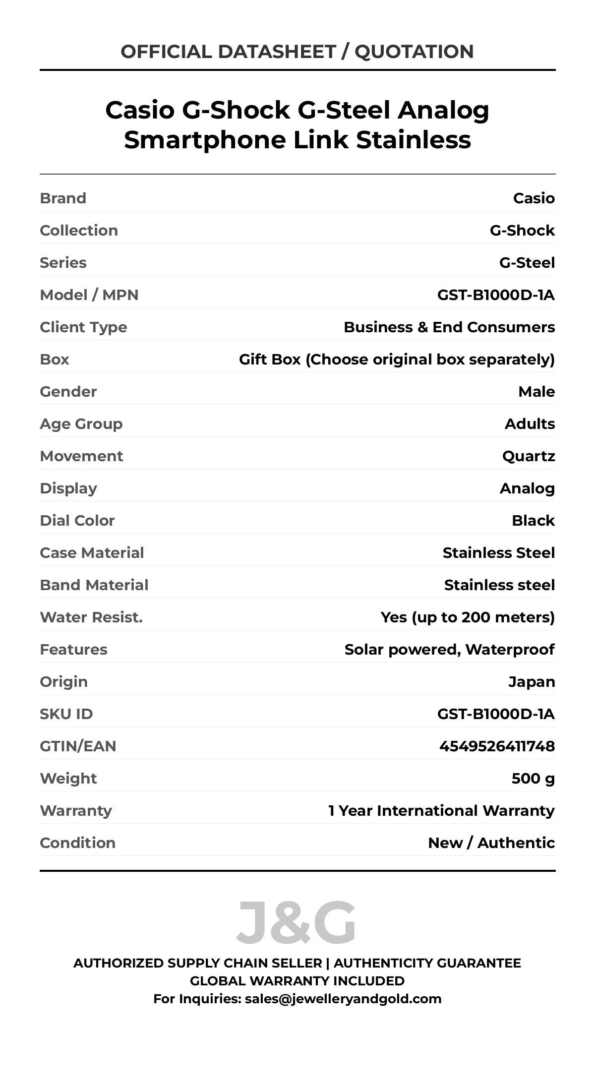 Casio G-Shock G-Steel Analog Smartphone Link Stainless. A brand-new Casio G-Shock watch featuring a Black dial and a Stainless steel strap. Front view. - DS_FINAL