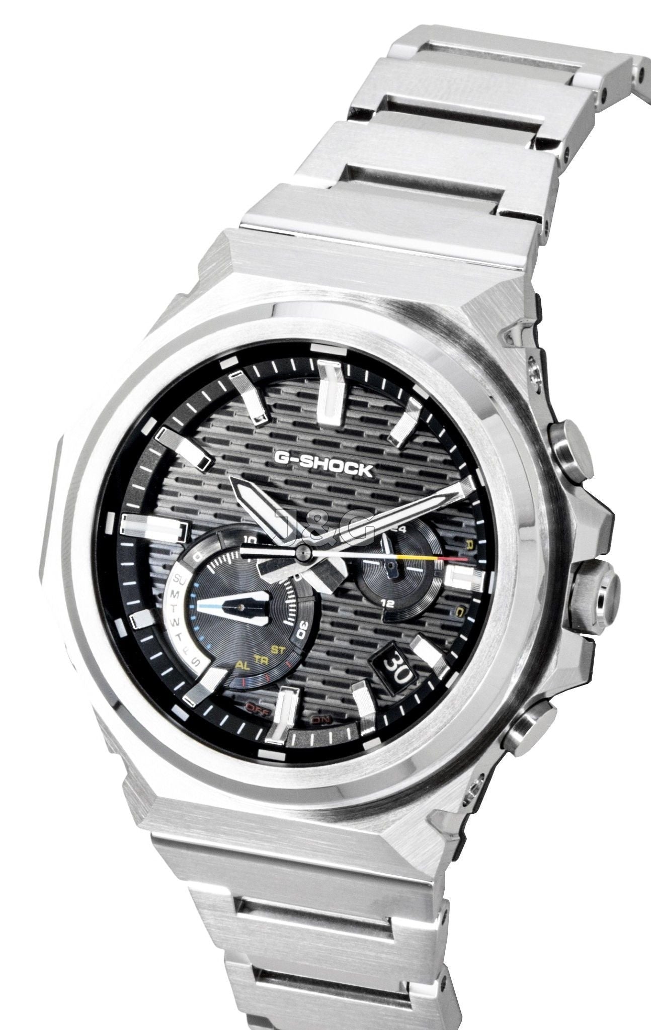 Casio G-Shock G-Steel Analog Smartphone Link Stainless. A brand-new Casio G-Shock watch featuring a Black dial and a Stainless steel strap. Front view. - SEQ_4