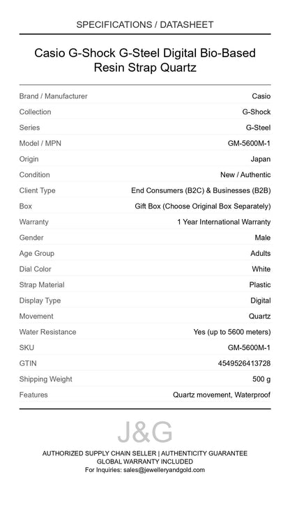 Casio G-Shock G-Steel Digital Bio-Based Resin Strap Quartz. A brand-new Casio G-Shock watch featuring a White dial and a Plastic strap. Angled view. - DS_FINAL