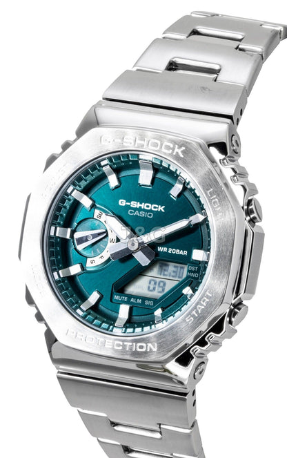 Casio G-Shock G-Steel Quartz movement Green Stainless steel Male GM-2110D-3A1. A brand-new Casio G-Shock watch featuring a Green dial and a Stainless steel strap. Angled view. - view 4