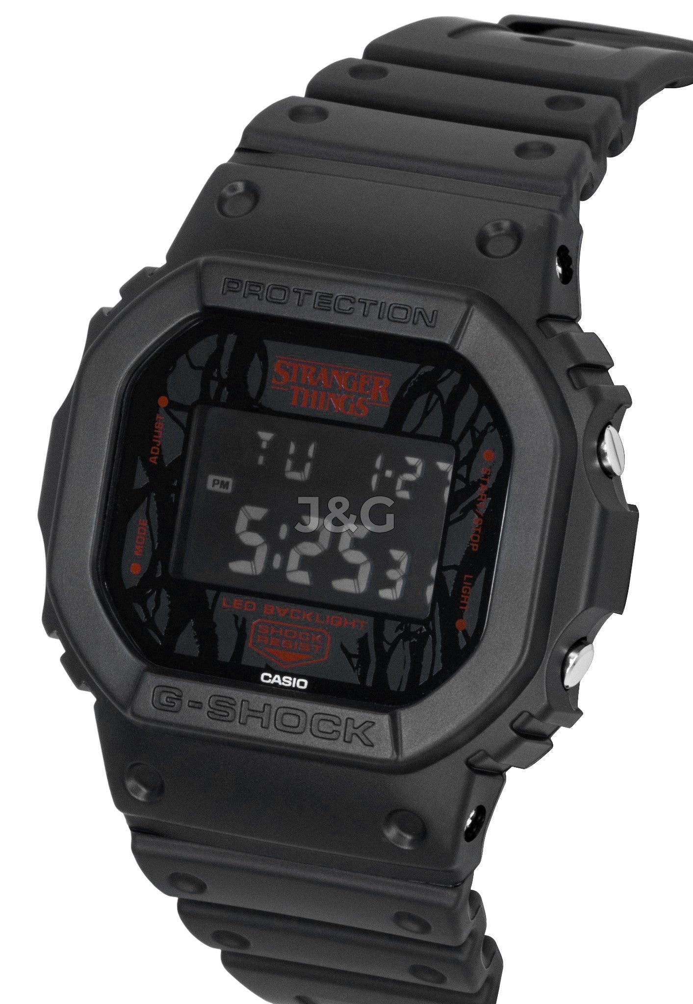 Casio G-Shock Quartz movement Black Plastic Male DW-5600STT-1. A brand-new Casio G-Shock watch featuring a Black dial and a Plastic strap. Angled view. - view 3
