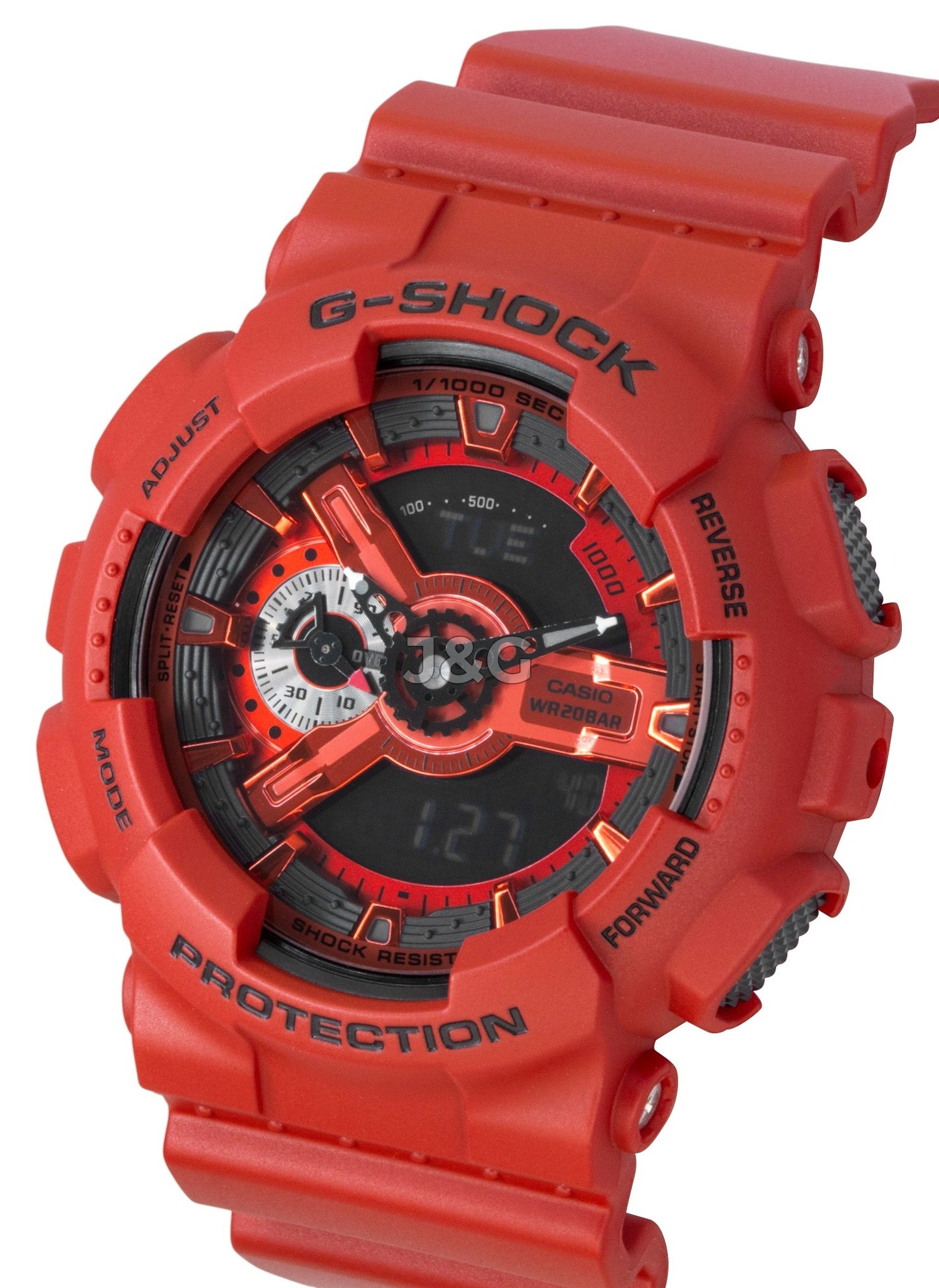 Casio G-Shock Quartz movement Black Plastic Male GA-110RRB-4A. A brand-new Casio G-Shock watch featuring a Black dial and a Plastic strap. Angled view. - view 4