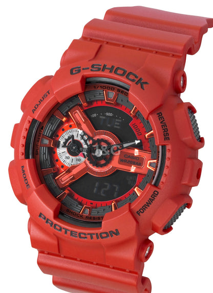 Casio G-Shock Quartz movement Black Plastic Male GA-110RRB-4A. A brand-new Casio G-Shock watch featuring a Black dial and a Plastic strap. Angled view. - view 4