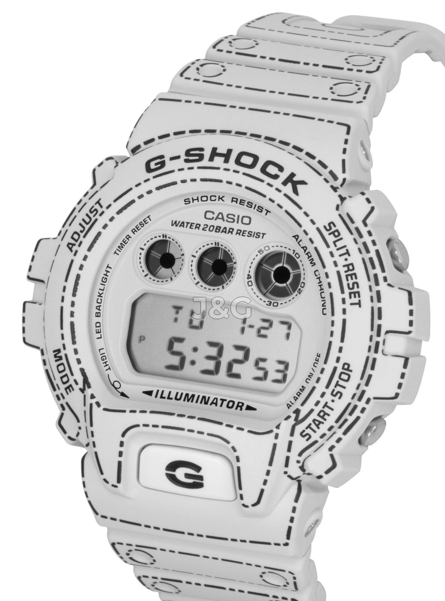 Casio G-Shock Quartz movement Blue Plastic Male DW-6900RGM-5. A brand-new Casio G-Shock watch featuring a Blue dial and a Plastic strap. Side view. - view 3