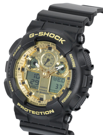 Casio G-Shock Quartz movement Gold Male GA-100GGB-1A9. A brand-new Casio G-Shock watch featuring a Gold dial. Front view. - view 4