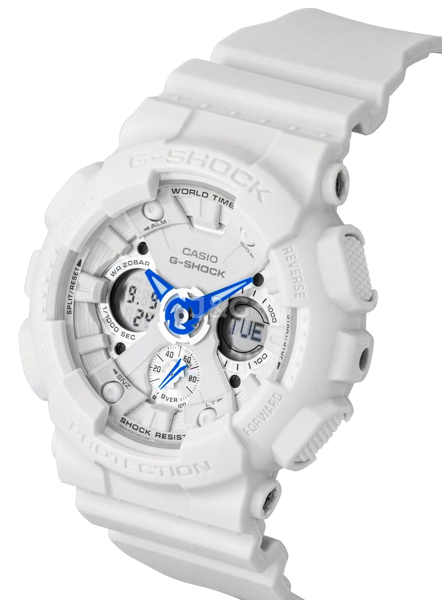 Casio G-Shock Quartz movement White Plastic Female GMA-S120SA-7A2. A brand-new Casio G-Shock watch featuring a White dial and a Plastic strap. Front view. - view 4