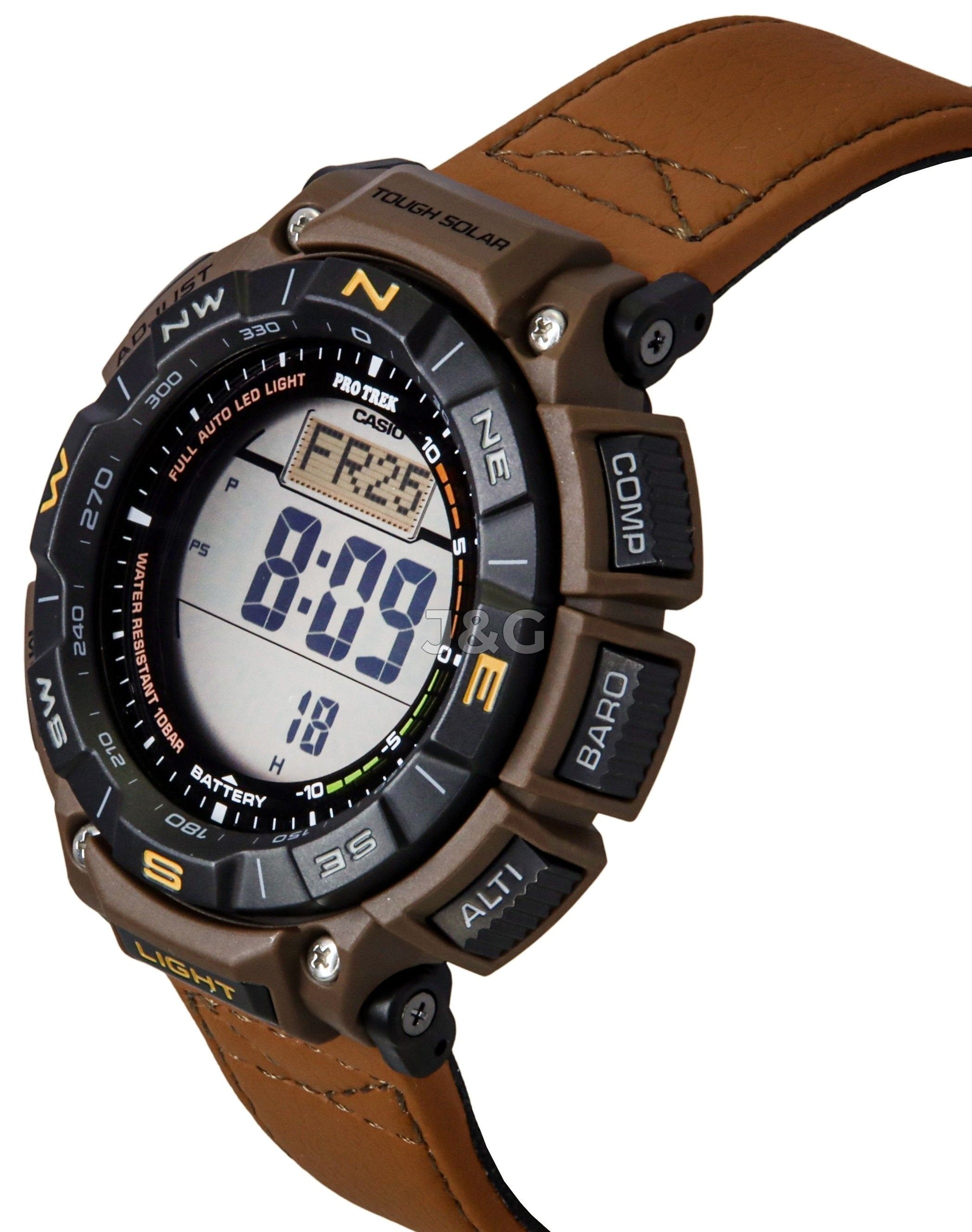 Casio Pro Trek Alarm White Leather Male PRG-340L-5. A brand-new Casio Pro Trek watch featuring a White dial and a Leather strap. Front view. - view 3