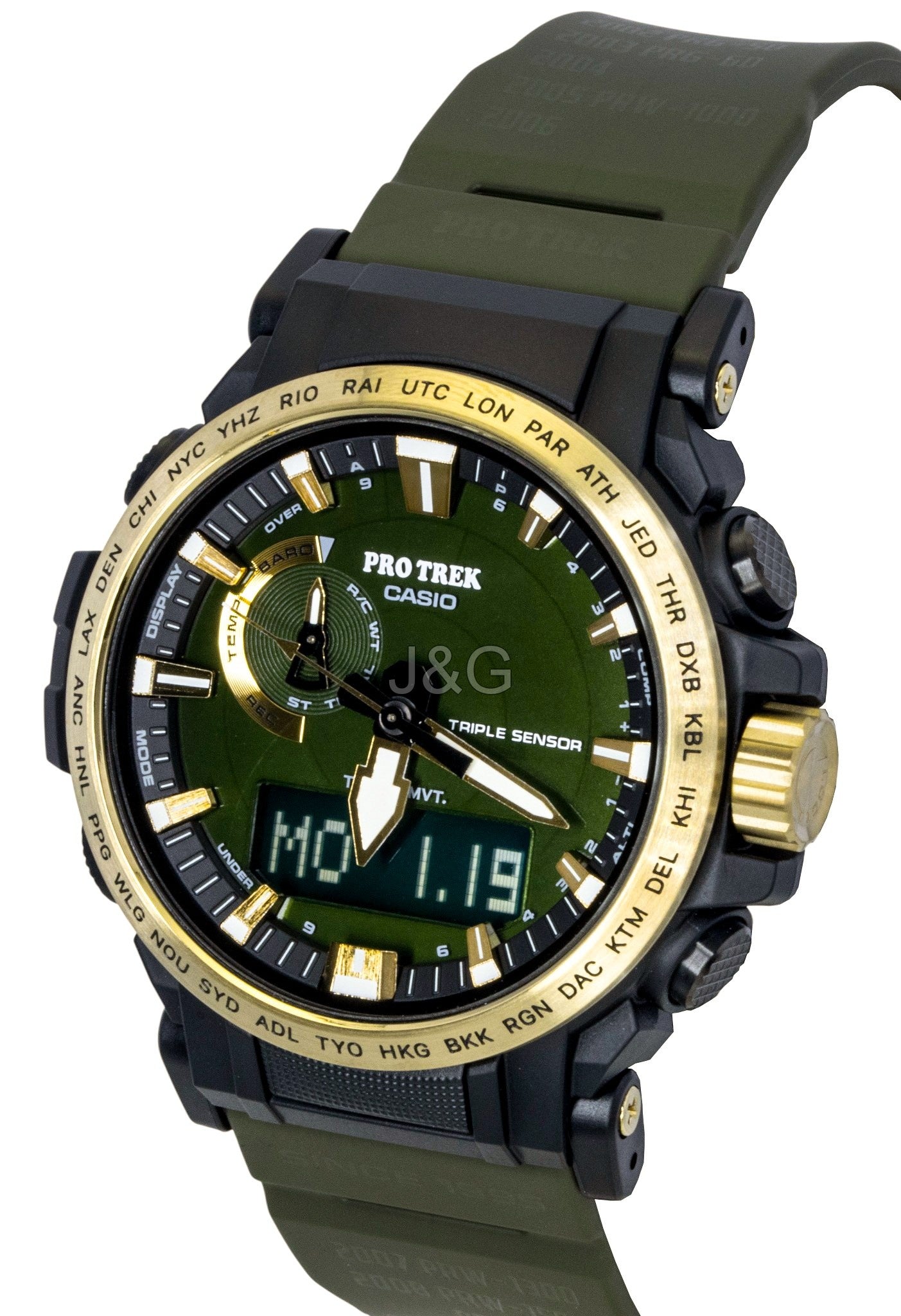Casio Pro Trek Analog Digital 30th Anniversary Bio-Based. A brand-new Casio Pro Trek watch featuring a Green dial and a Plastic strap. Side view. - SEQ_4