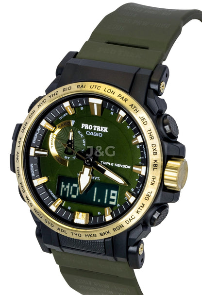 Casio Pro Trek Analog Digital 30th Anniversary Bio-Based. A brand-new Casio Pro Trek watch featuring a Green dial and a Plastic strap. Side view. - SEQ_4