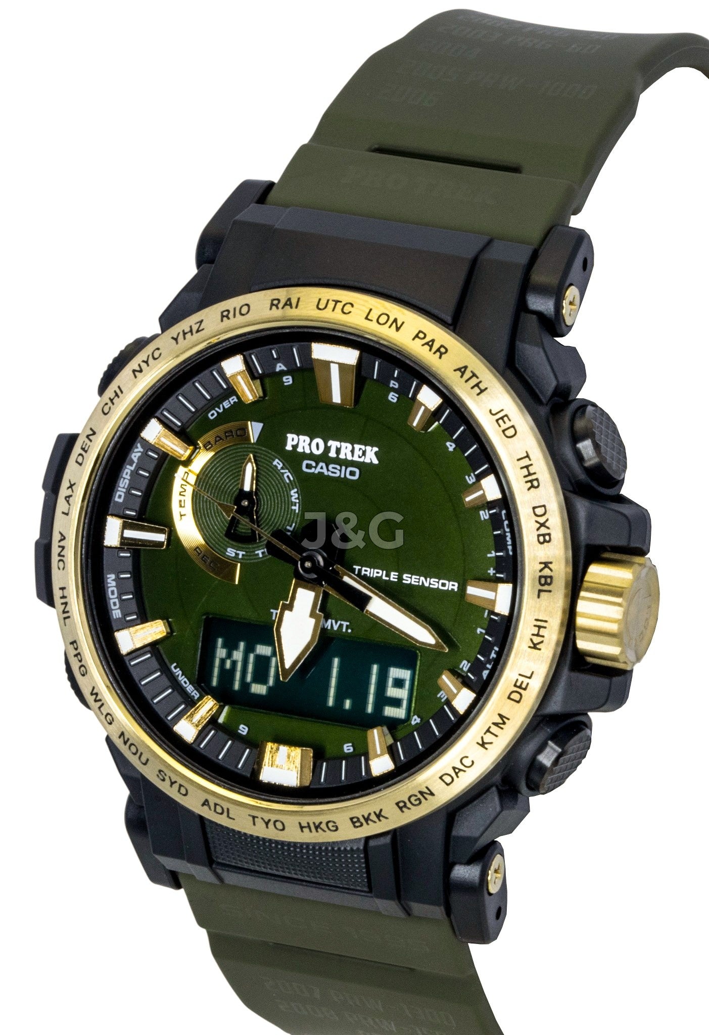 Casio Pro Trek Analog Digital 30th Anniversary Bio-Based. A brand-new Casio Pro Trek watch featuring a Green dial and a Plastic strap. Side view. - SEQ_4