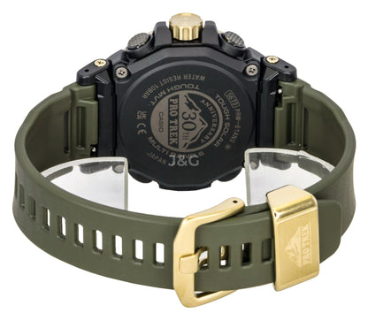 Casio Pro Trek Analog Digital 30th Anniversary Bio-Based. A brand-new Casio Pro Trek watch featuring a Green dial and a Plastic strap. Front view. - SEQ_5