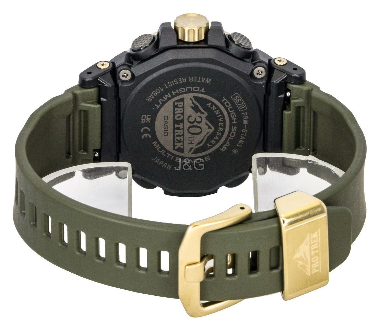 Casio Pro Trek Analog Digital 30th Anniversary Bio-Based. A brand-new Casio Pro Trek watch featuring a Green dial and a Plastic strap. Angled view. - SEQ_5