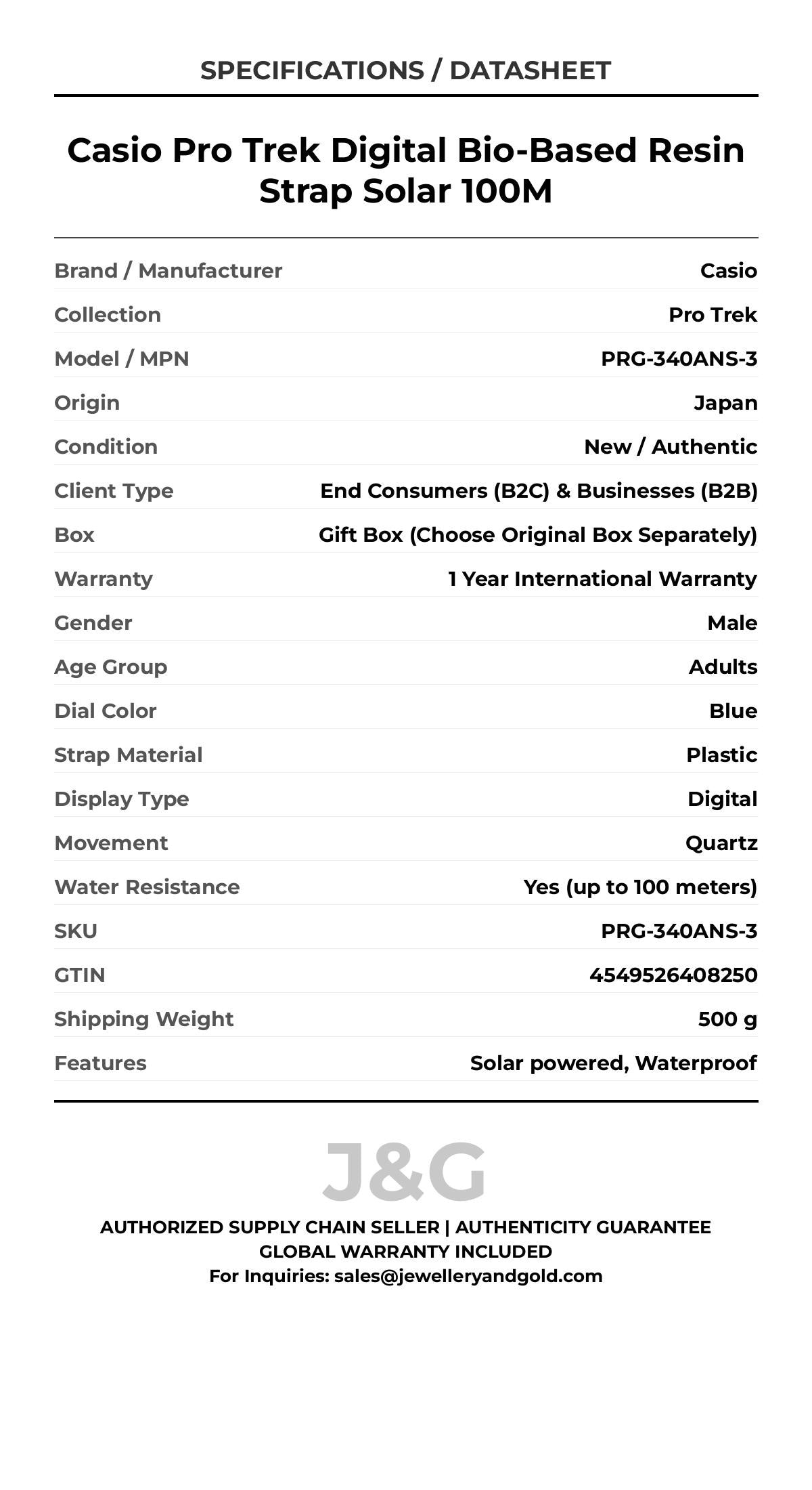 Casio Pro Trek Digital Bio-Based Resin Strap Solar 100M. A brand-new Casio Pro Trek watch featuring a Blue dial and a Plastic strap. Angled view. - DS_FINAL