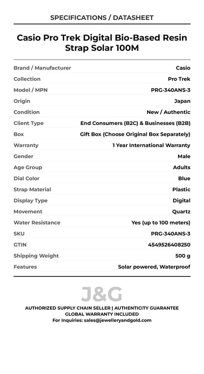 Casio Pro Trek Digital Bio-Based Resin Strap Solar 100M. A brand-new Casio Pro Trek watch featuring a Blue dial and a Plastic strap. Angled view. - DS_FINAL