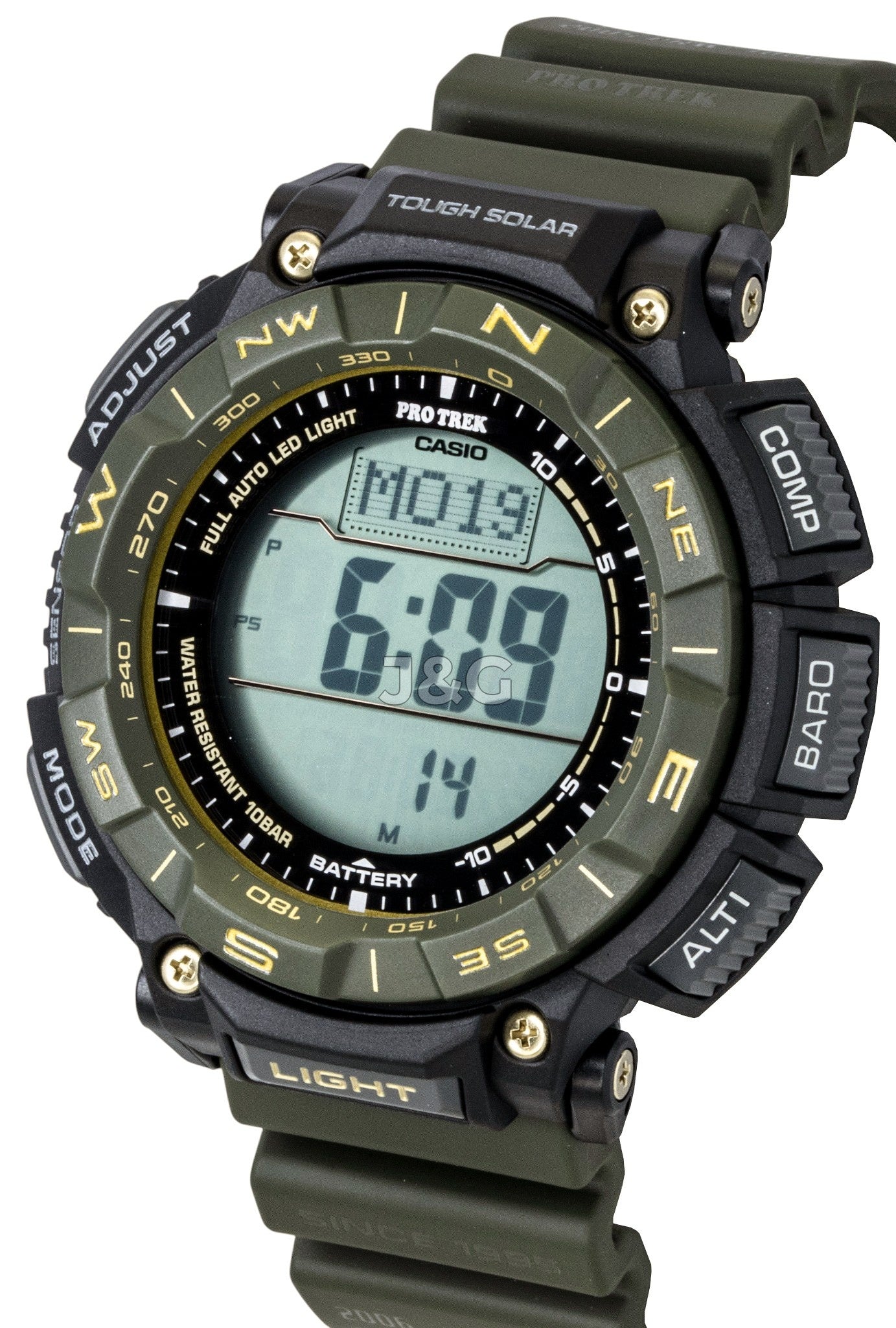 Casio Pro Trek Digital Bio-Based Resin Strap Solar 100M. A brand-new Casio Pro Trek watch featuring a Blue dial and a Plastic strap. Angled view. - SEQ_3