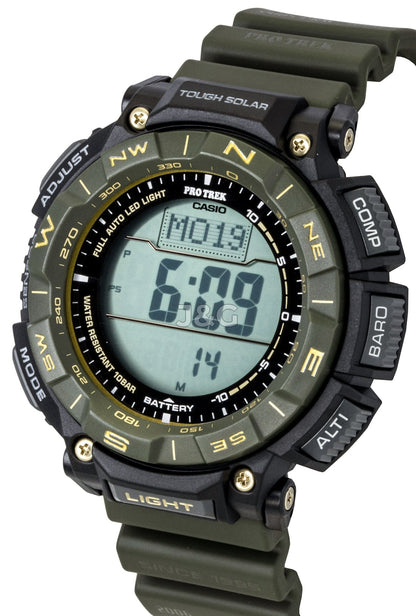 Casio Pro Trek Digital Bio-Based Resin Strap Solar 100M. A brand-new Casio Pro Trek watch featuring a Blue dial and a Plastic strap. Angled view. - SEQ_3