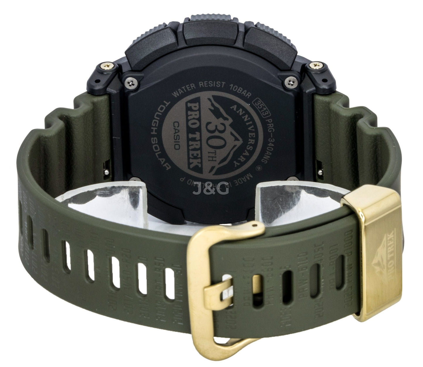 Casio Pro Trek Digital Bio-Based Resin Strap Solar 100M. A brand-new Casio Pro Trek watch featuring a Blue dial and a Plastic strap. Side view. - SEQ_4