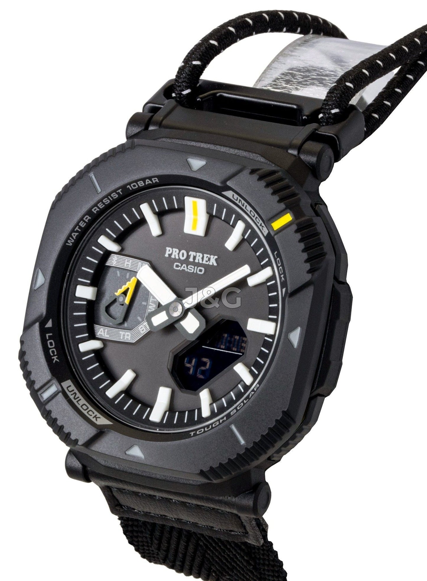 Casio Pro Trek Solar powered Black Polyester Male PRJ-B001B-1. A brand-new Casio Pro Trek watch featuring a Black dial and a Polyester strap. Front view. - view 4