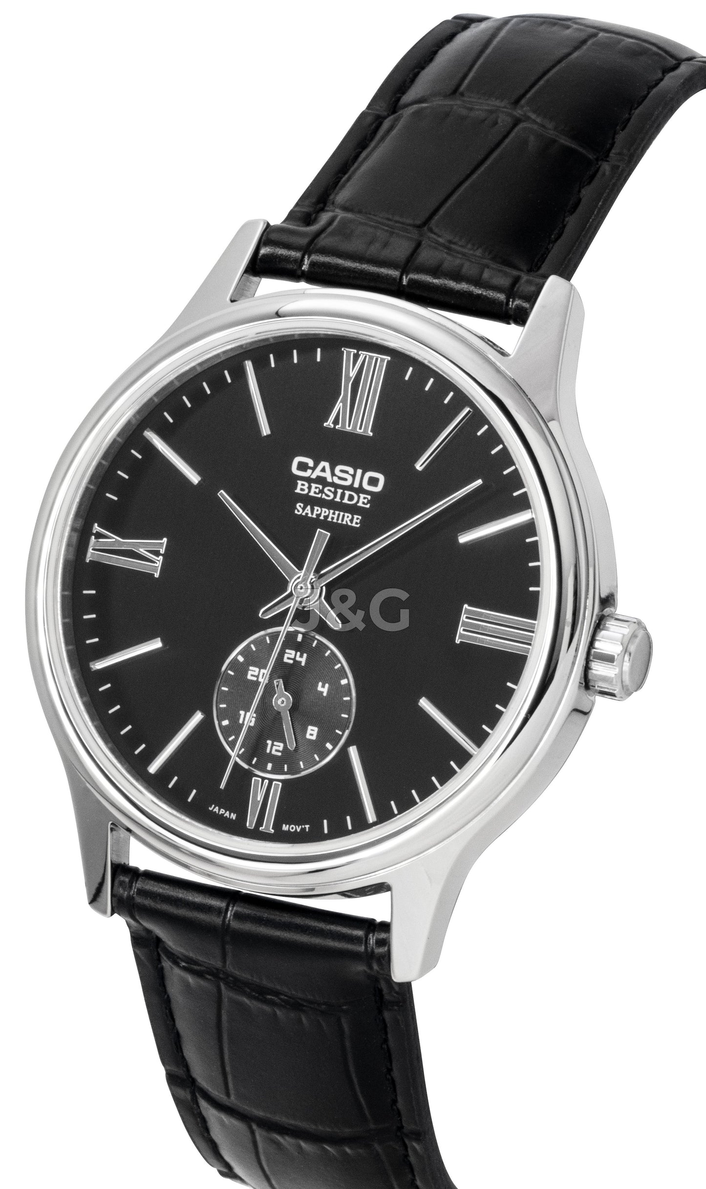 Casio Quartz movement Black Leather Male BMS-100L-1AV. A brand-new Casio watch featuring a Black dial and a Leather strap. Side view. - view 2
